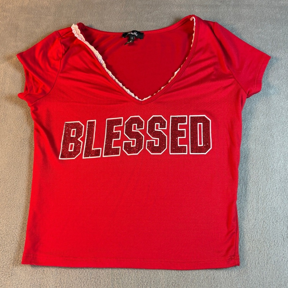 Minette‎ Womens Blessed Rhinestone Graphic V-Neck Lace Trim Red T-Shirt Small